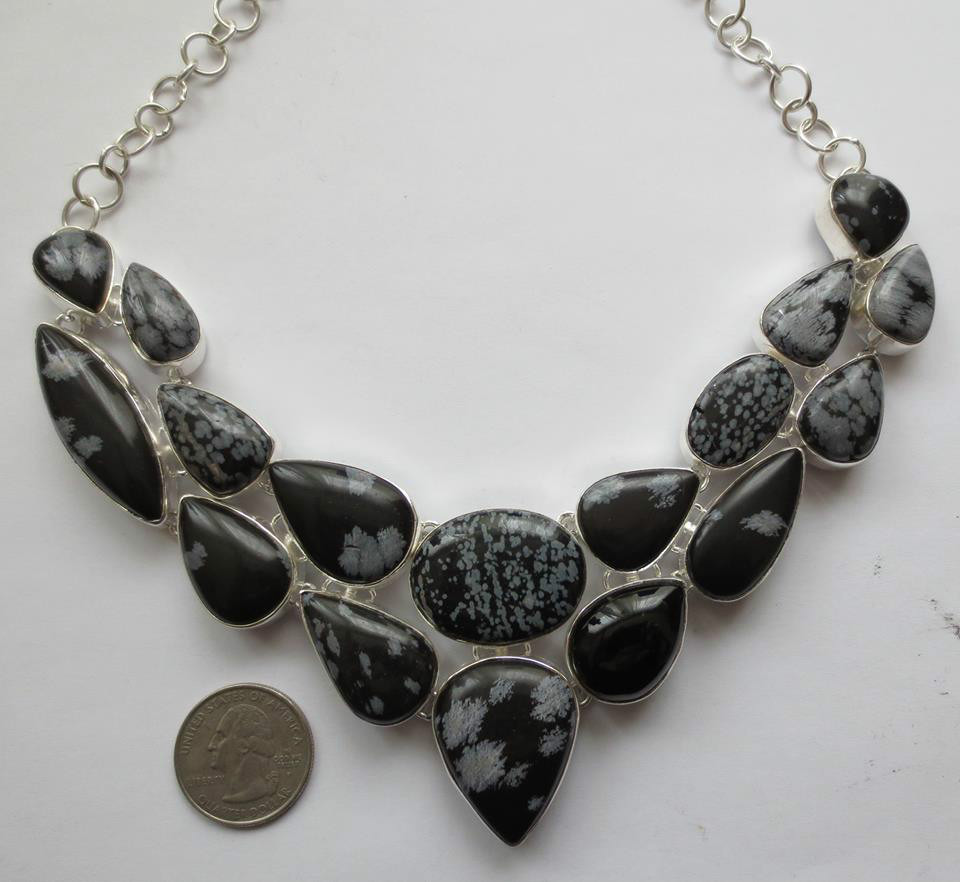 Stunning Bold Snowflake Obsidian Sterling Silver Necklace Collar J