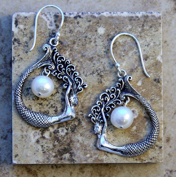 - Sterling Silver Mermaid Teardrop Earrings with Pearl Accent #GDMTE