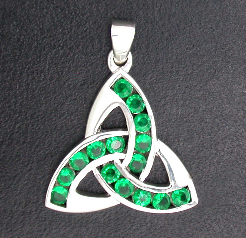 - Sterling Silver Triquetra with Green Crystal-Large Pendant #MS342GR